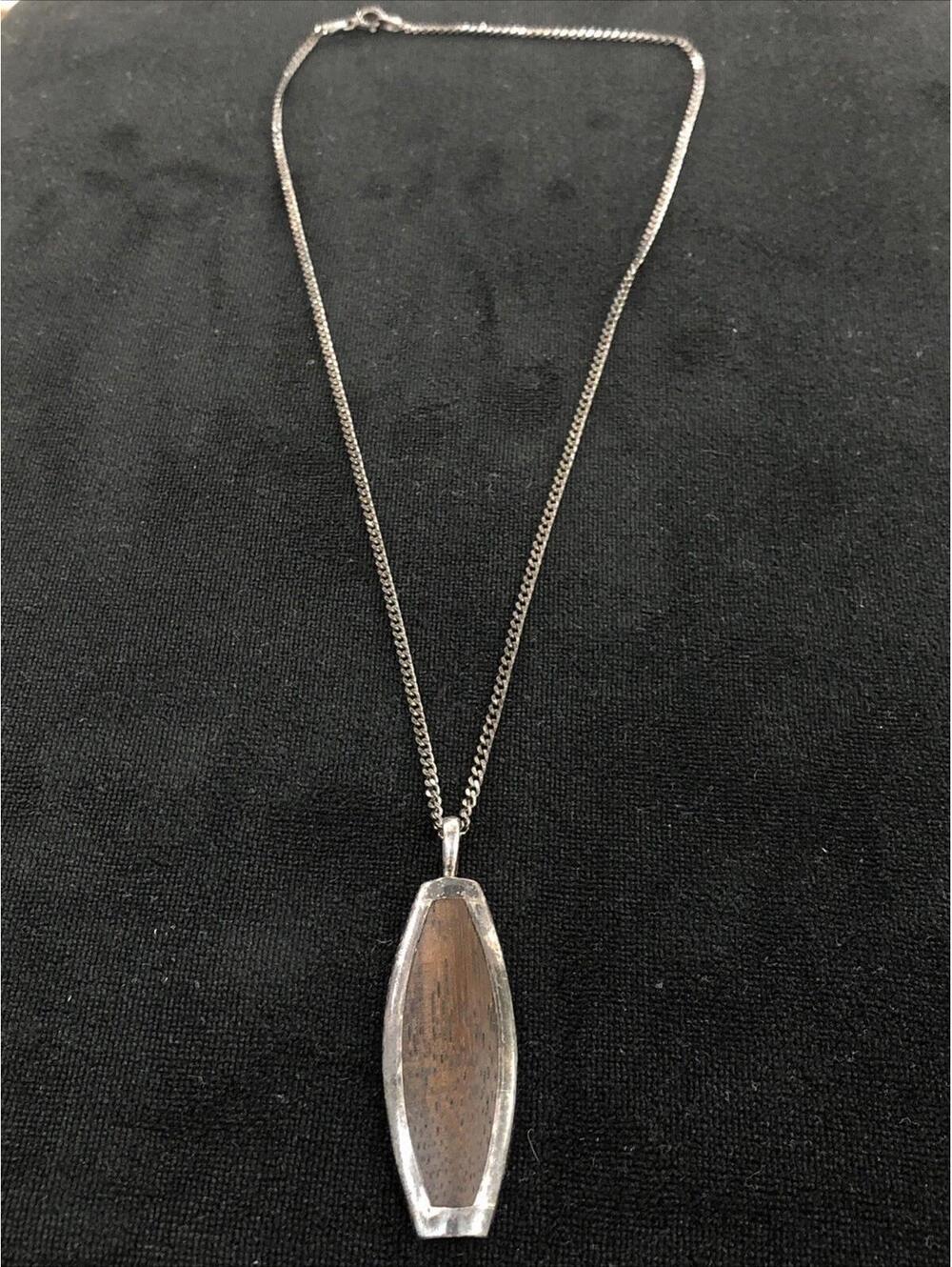 Vintage Silver Chain 18 Inch & Silver Pendant With Wood